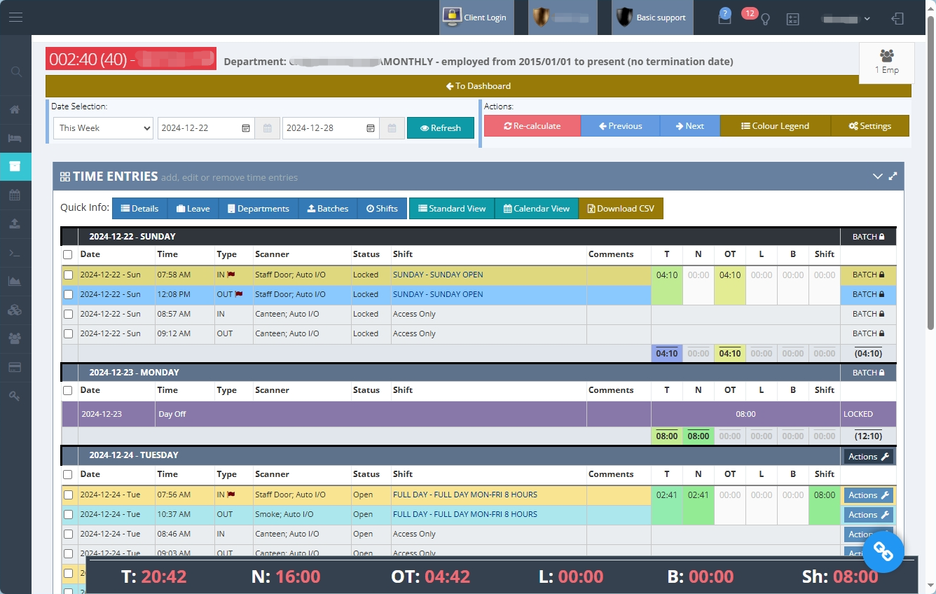 Screenshot of the BTX Time system.